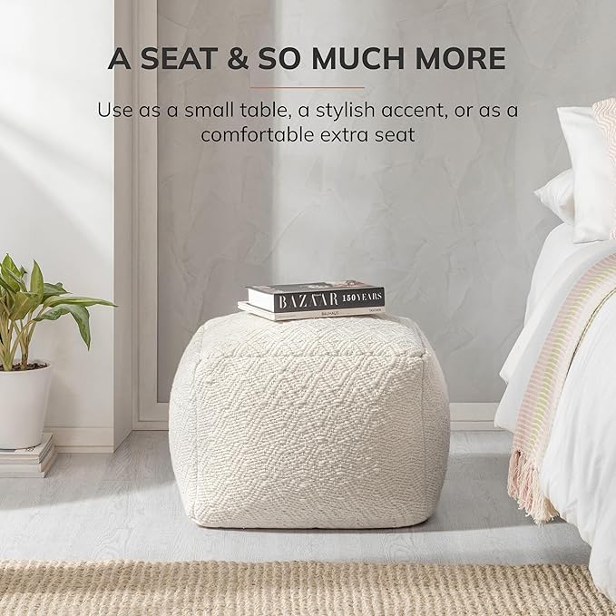 Anji Mountain 100% Handmade & Handcrafted Comfortable Home Décor Pouf Ottoman Footrest for Living Room, Bedroom, Nursery, Kidsroom, Patio Furniture - (22" x 22" x 16" - Ivory)