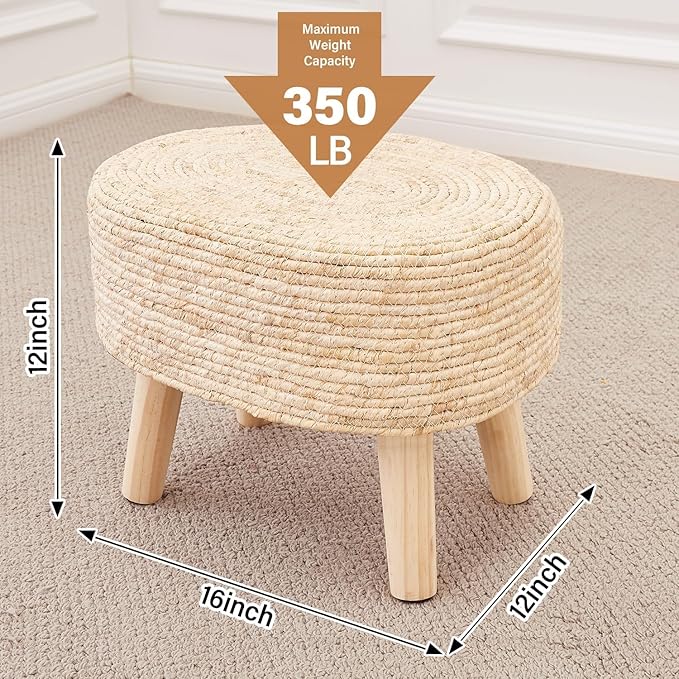 Cpintltr Round Ottoman Natural Seagrass Footstool Hand Weave Water Hyacinth Poufs Eco Friendly Sofa Foot Stool Soft Step Stool Padded Foot Rest with Pine Legs for Living Room (Cream)
