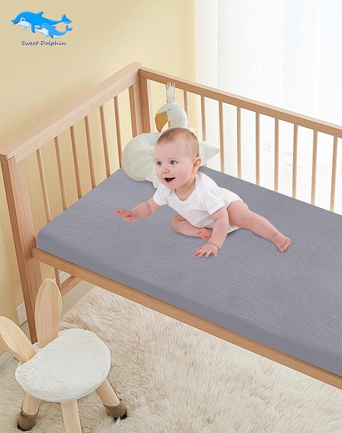 SWEET DOLPHIN 2-Pack Muslin Crib Sheets for Boys & Girls, Ultra Soft Breathable 40S Long-Staple Cotton Fitted Baby Sheets for Standard Crib Mattress 52"x28", Green and Grey- Nursery Essentials