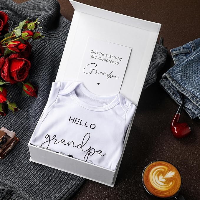 4 Pcs Pregnancy Announcement for Grandpa, Hello Grandpa Baby Bodysuit, Grandpa Pregnancy Reveal Card Baby Reveal Gift Box Baby Announcement Gifts Set for Grandpa