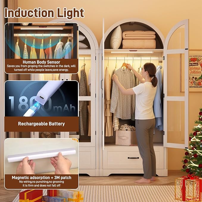 2 Doors Arched Armoire Wardrobe Closet w/Drawers,LED Light,Wooden Closet Wardrobe Cabinet with Hanging Rod for Bedroom,Modern Armoire Storage Cabinet w/Shelf,Antique White