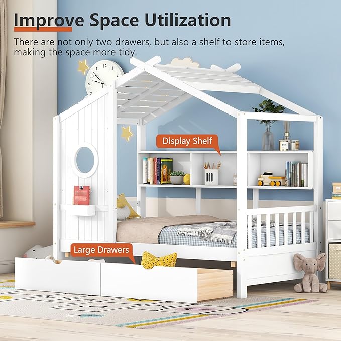 Twin Bed Frames for Kids, House Bed with Window and Fence, Wood Platform Bed Frame with Drawers and Shelves, Playhouse Bed for Boys Girls, White, 78" L x 42.7" W x 72" H