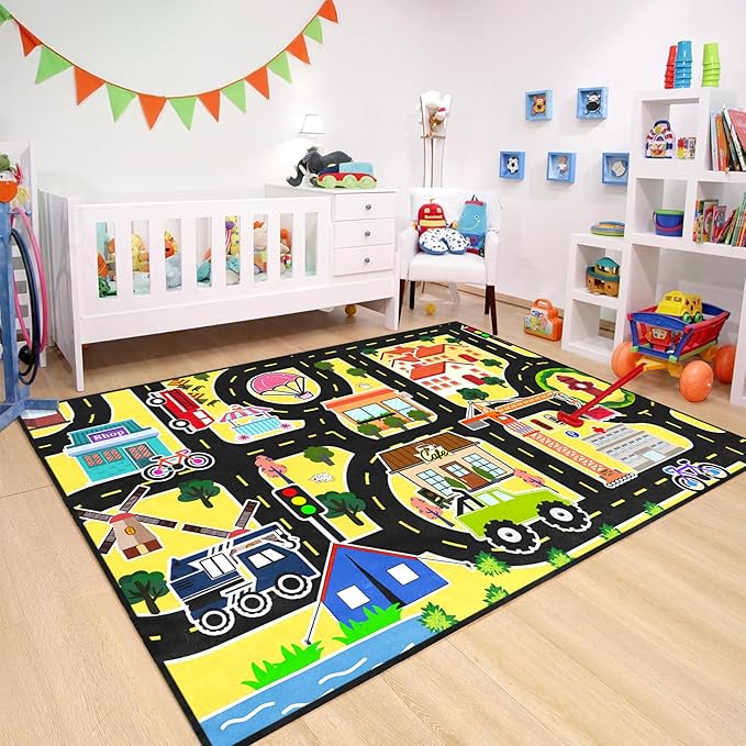 Car Rugs for Kids - Car Track Carpet for Boys Road Rug for Bedroom Road Map Carpet for Kids Toy Play Mat Farm, 4. 5x6 Feet