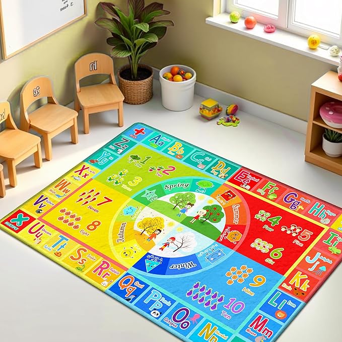 3x5 Small Kids Classroom & Playroom Rug - ABC Alphabet Educational Area Rug with Animals Numbers & Colors - Washable Non-Slip Carpet Playmat for Nursery Preschool & Reading Area