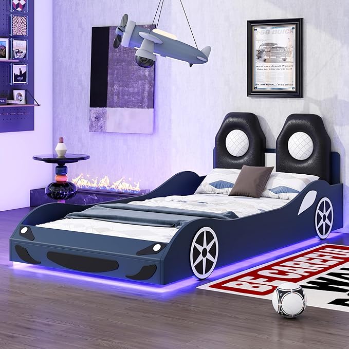Twin Size Race Car-Shaped Platform Bed with LED and Upholstered Backrest, Solid Wood Upholstered Car Bed Frame with 2 Seats for Kids Boys Girls Bedroom (Blue-31U)