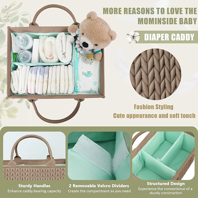 MOMINSIDE Diaper Caddy Organizer, Baby Diaper Caddy Organizer with Handle Baby Basket Nursery Storage, Portable Changing Table Car caddy organizer for Girl Boy, Baby Registry Baby Shower Gifts(Brown)