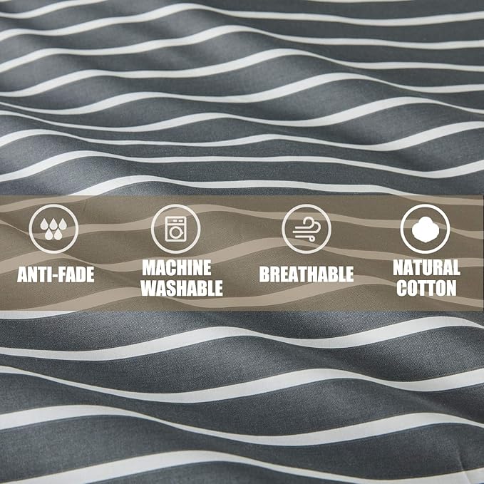JELLYMONI 100% Natural Cotton 3pcs Striped Duvet Cover Sets, Dark Grey Duvet Cover with White Stripes Pattern Printed Comforter Cover, with Zipper Closure & Corner Ties(King Size)
