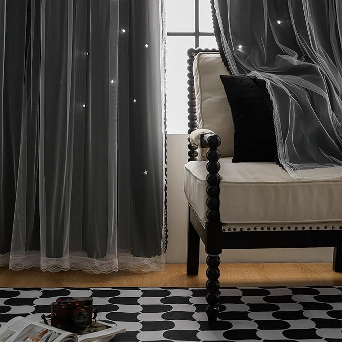 XiDi Black Out Curtains - Unicorn Kids Room Decor, Black & White 52" Wide 2 Panel Blackout