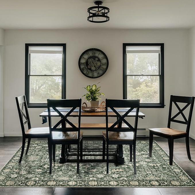 Area Rug 6×9 Washable Rugs for Bedroom, Vintage Floral Rug Soft Non Slip Stain Resistant Carpet for Living Room Dinning Room Kitchen Home Office Green Black