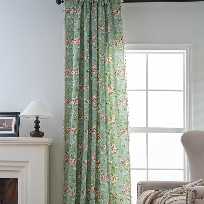 OYX Boho Curtains 63 Inch Length 2 Panels for Living Room, Bedroom Light Filtering Drapes, Farmhouse Vintage Country French Rustic Tassels Pattern Rod Pocket Aesthetic Decor Window Treatments