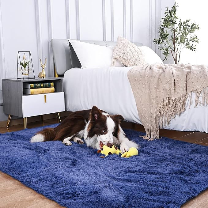 Merelax Modern Soft Fluffy Large Shaggy Rug for Bedroom Livingroom Dorm Kids Room Indoor Home Decorative, Non-Slip Plush Furry Fur Area Rugs Comfy Nursery Accent Floor Carpet 4'x6' Light Navy