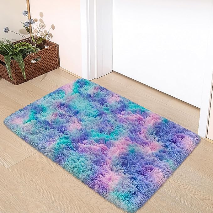 Shaggy Tie Dyed Light Purple Rainbow Rug Small,2x3 Area Rugs for Living Room Door Entryway Indoor Inside Front Entrance Dog Mat Anti-Skid Extra Comfy Fluffy Floor Carpet for Home Decorative