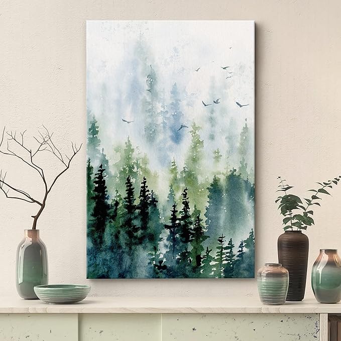 SIGNWIN Canvas Print Wall Art Woodland Nursery Decor Watercolor Pastel Pine Tree Bird Sky Nature Illustrations Modern Art Decorative Landscape Colorful for Living Room, Bedroom, Office - 16"x24"