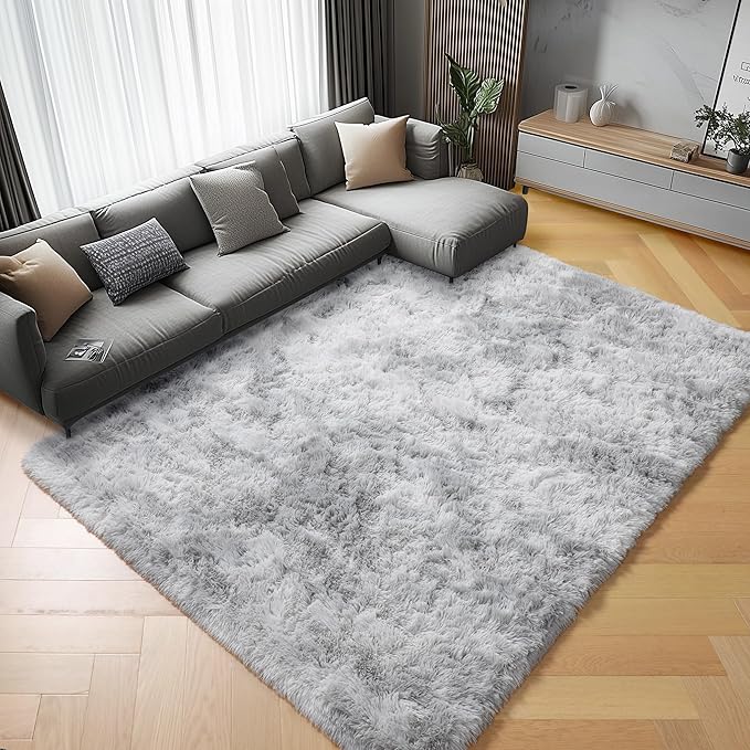 ONASAR 6x9 Area Rugs for Living Room, Large Tie-Dyed Light Grey Fluffy Shag Rug for Bedroom, Washable Ultra Soft Plush Floor Big Indoor Carpet for Baby Kids Girls Boys Teen Dorm Nursery Home Decor