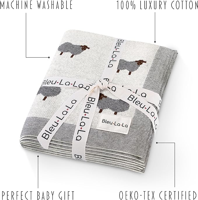 Luxury Cotton Knit Swaddle Baby Blanket - Soft Cozy Lightweight Unisex Receiving Swaddler Stroller Quilt Blanket for Shower Gift Registry for Newborns Infants Toddlers (Sheep - Ivory)