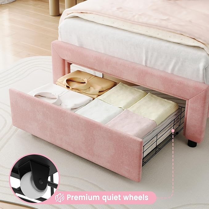 GarveeHome Twin Upholstered LED Bed Frame with Headboard, Velvet Princess Platform Bed Frame for Kids, Wooden Slats Support, No Box Spring Needed (Pink with Drawer, Twin)