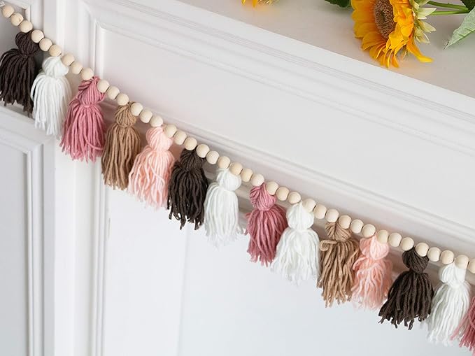 Decocove Tassel Garland - Boho Tassel Garland with Wood Beads - Wall Decor for Dorm, Girls Room and Nursery Room (50 inch)