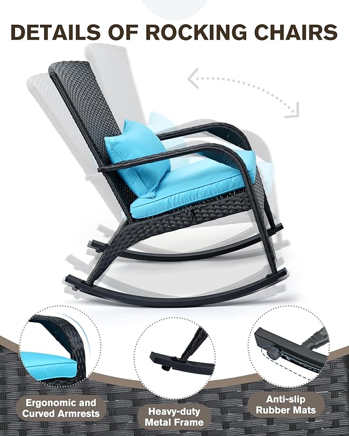 Outdoor Rocking Chair- Outdoor Glider Teal Rattan Rocking Chair with Heavy Duty Steel Frame- All Weather Rocker Chair for Garden, Porch, Backyard, Poolside (Black Rattan, 320lbs)