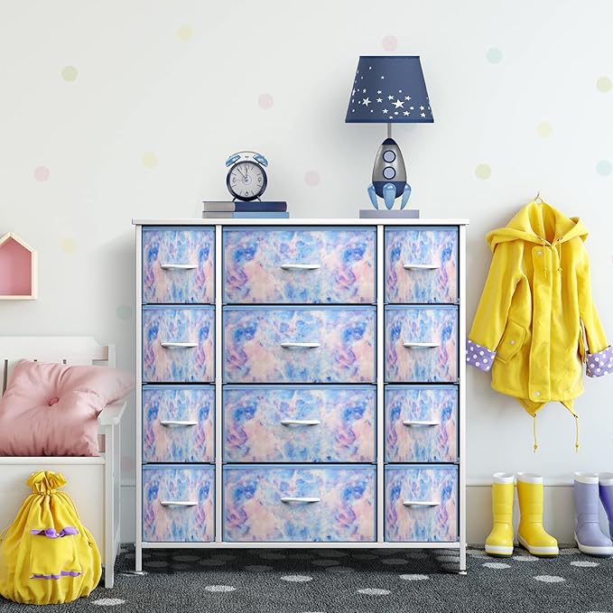 Sorbus Kids Dresser with 12 Drawers - Chest Organizer Unit with Steel Frame Wood Top & Handle, Fabric Bins for Clothes - Large Furniture for Bedroom Hallway Kids Room Nursery & Closet (Blue - Tie-dye)