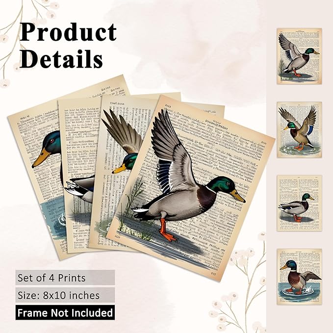 OFJE Vintage Mallard Duck Wall Art Decor Prints Set of 4, Retro Waterfowl Duck Hunting Wall Art Posters Decor for Home bedroom Living Room, 8x10 Unframed