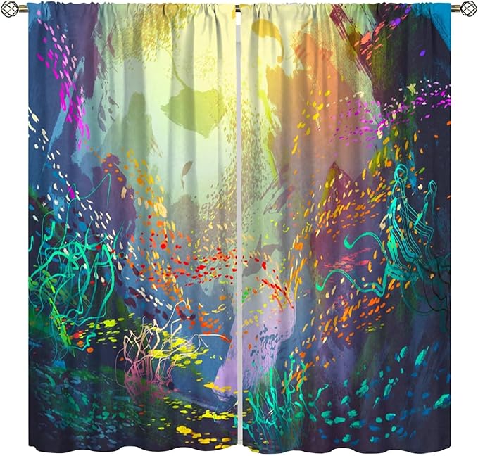 Ocean Blackout Curtain, Untouched Wild Underwater Aquatic World Corals Exotic Fishes Seascape Curtain for Living Room Cafe Set 2 Panels,42x54 Inches, Style-2