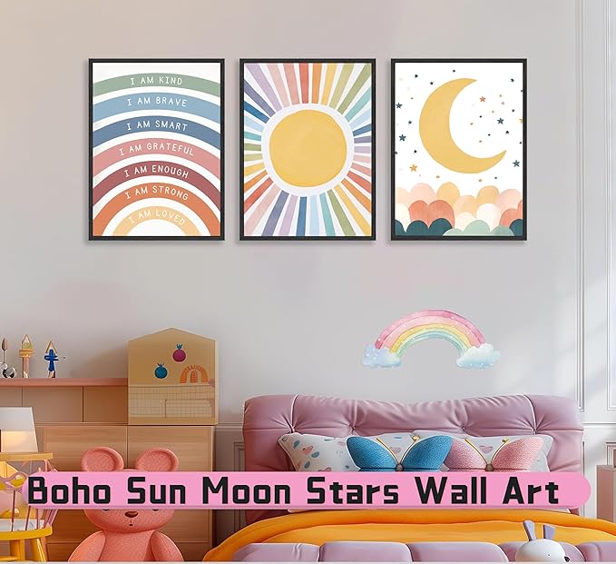 KBIERQN 3Pcs Boho Sun moon Wall Art Nursery Positive Affirmations Rainbow Poster Prints Bohemian Star Heart Canvas Picture for Toddler Baby Girls Room Playroom Bedroom Wall Decor 16x24in Unframed