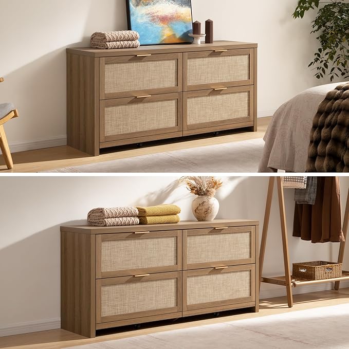 SICOTAS 60.8" Dresser for Bedroom, Rattan Boho Dresser with 4 Deep Drawers, Large Chest of Drawers for Closet,Nursery,Dressers TV Stand for Bedroom (Reclaimed Caramel Oak, 4 Drawers (1 pc))