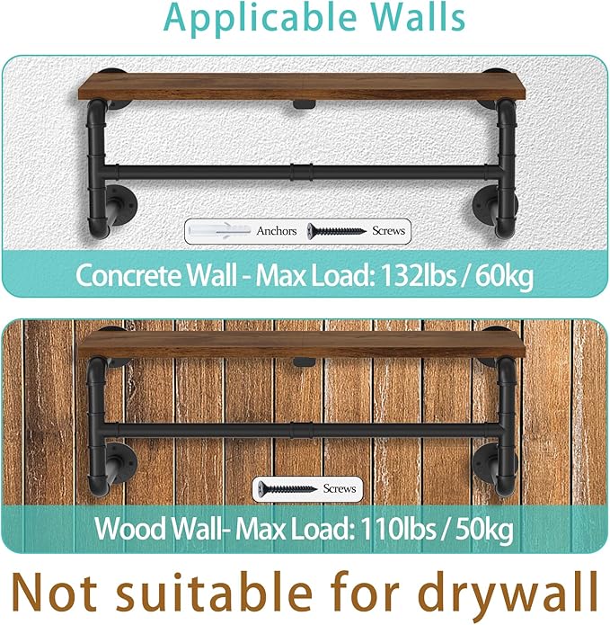 Yawinhe Industrial Pipe Clothing Rack with Shelves, Wall Mounted, Space Saving Closet Rod with 4 Bases, for Shops, Homes, 41.3''Lx10.2''Wx10.2''H, Rustic Brown, 1-Pack