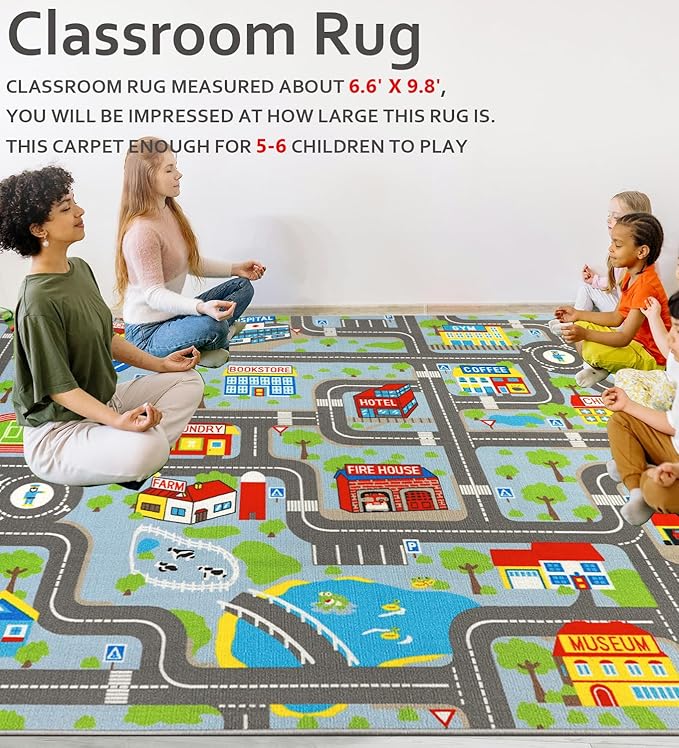 Kids Carpet Playmat Rug 6'6''x9'8'', Kids Rugs for Bedroom, Non-Slip Town City Road Map Car Rugs for Kids Toy Cars, Track Carpet Play Rug for Playroom Classroom Decor (Sky Blue)