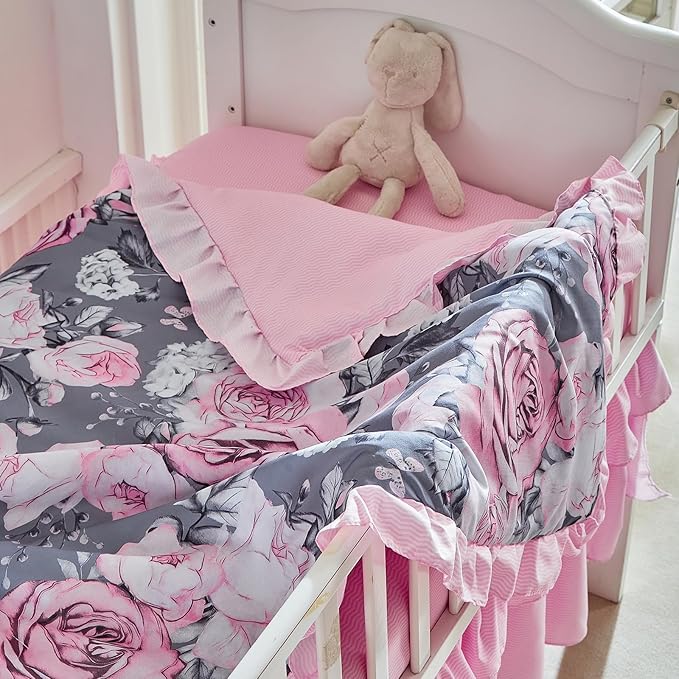 3 Pieces Flowers Crib Bedding Set Baby Ruffled Quilted Comforter with Fitted Sheet and Bed Skirt - Cute Ruffled Shabby Chic Baby Bedding Soft Blanket Gray Pink Rose Floral Design