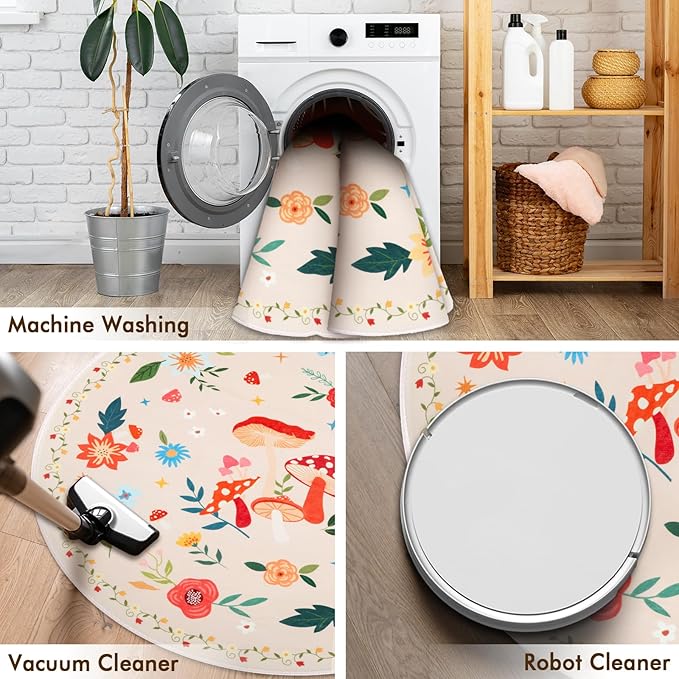 6' Machine Washable Round Area Rug, Non-Slip Vintage Floral Circle Floor Rugs for Kids, Low Pile Room Carpet for Living Room, Bedroom, Dining Room & Nursery(6' Beige Mushroom)