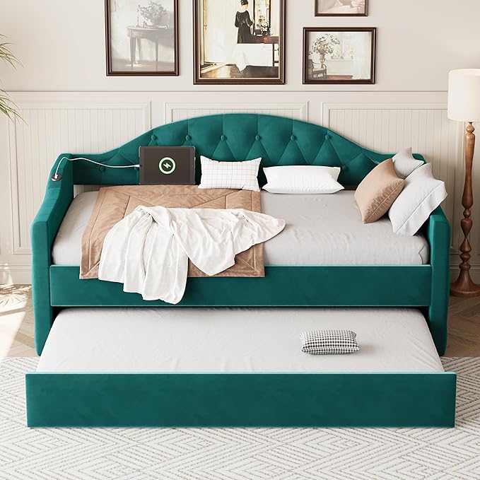 Bellemave Twin Size daybed Frame with Trundle for Adults, Kids, Girls, Teens, Tufted daybeds with Trundle for Living Room, Velvet, (Mattress not Included), Green