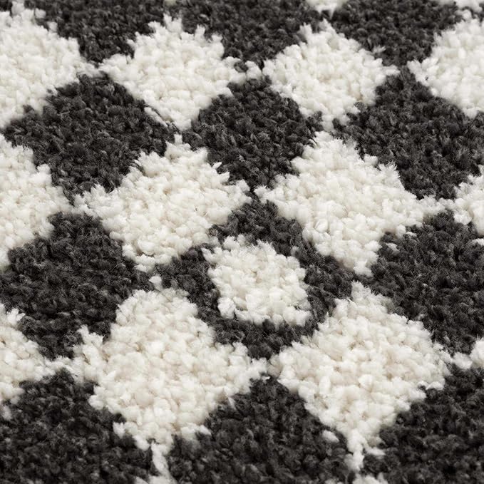 BoutiqueRugs Kieu Black and White Checkered Shag Rug - High Pile Fluffy Shag Carpet for Hallway, Nursery, Playroom, Girls Boys Room - Black, White - 7'10" x 10' (8x10)