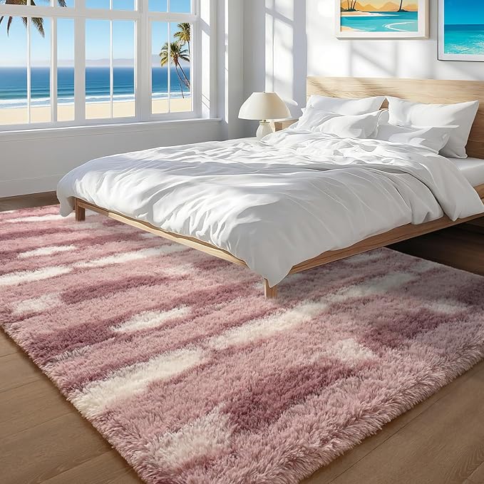 8x10 Feet Area Rugs for Living Room Bedroom,Pink and White Machine Washable Soft Fluffy Shaggy Indoor Rug, Floor Carpet for Girls Boys Kids, Dorms, Nursery Rooms, Home Decor Aesthetic