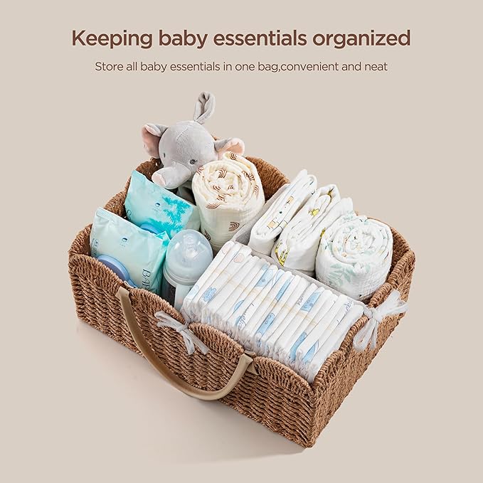 HBlife Large Baby Diaper Caddy, Paper Rope Storage Baskets Nursery Bin with Removable Divider, Portable Car Organizer for Diapers, Baby Shower Gifts, Newborn Essentials Must Haves
