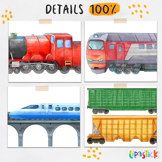 Train Wall Decals for Kids by Lipastick - Educational Railroad Wall Stickers for Boys and Girls - Peel and Stick Locomotive, Carriage, Wagon Wall Decals for Nursery, Playroom, Bedroom Decor -M Size