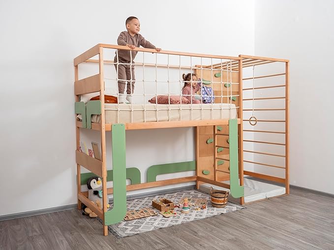 BUSY WOOD Montessori Twin Bunk Bed for Toddlers - Jungle Gym Bed for Sleeping and Climbing