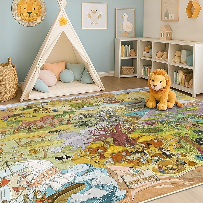 Africa Adventure Kids Rug 5x7 – Safari Animal Map Carpet with Lions, Elephants, Giraffes & Tribes – Educational Play Mat for Baby Bedroom, Classroom, or Playroom