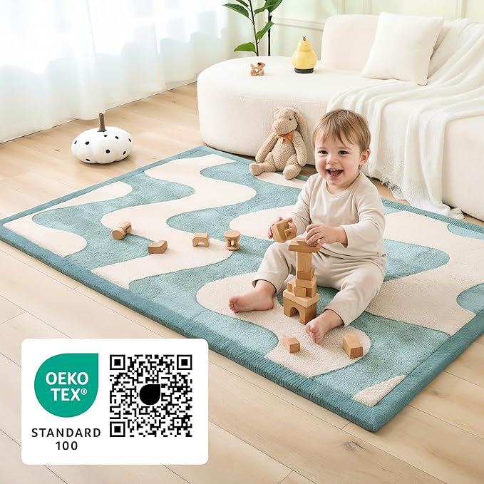 Stylish Coral Baby Play Mat for Floor 47" x 67" Waves – Soft 1" Thick High-Density Memory Foam Nursery Rug,Kids Rug with Non-Slip Backing for Crawling & Playing, Playroom Rug, Kids Carpet