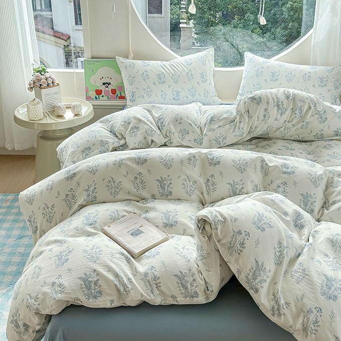 LifeTB Muslin Duvet Cover Set Twin XL Vintage Botanical Floral Duvet Cover 100% Cotton Linen Feel Flower Bedding Set Soft Gauze Comforter Cover Breathable Lightweight Cottagecore Bedding Set