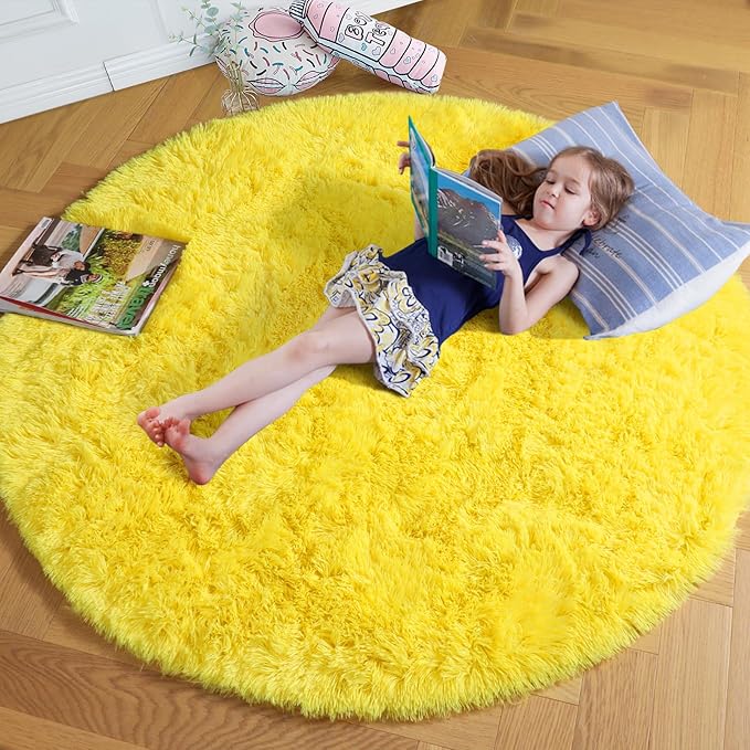 Amdrebio Yellow Round Circle Area Rug 4Ft for Bedroom Living Room, Fluffy Fuzzy Plush Rugs for Kids Room Decor Aesthetic, Cute Furry Shag Kawaii Circular Carpet for Classroom Nursery Dorm Toddler Baby