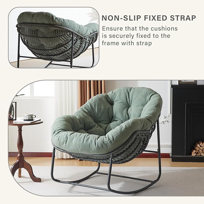 Oversized Outdoor Papasan Rocking Chair with Soft Cushion, Comfy Patio Egg Chair, Wicker Lounge Rocker for Balcony/Porch/Garden, Reinforced All Weather Rattan Frame, 330 lbs Support, Hunter Green