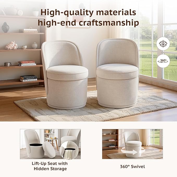 Swivel Accent Chair Set of 2, 360° Swivel Round Chair with Hidden Storage, Modern Small Barrel Armchair for Living Room/Bedroom, Beige