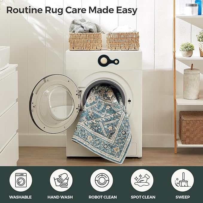 WITSHOCK 2x8 Teal Runner Rug for Hallway, Washable Rug Distressed Boho Soft Low Pile Stain Resistant Foldable Carpet for Kitchen Entryway Indoor Entrance Laundry Vintage Farmhouse Home Decor
