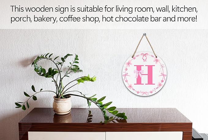 Monogram Round Sign For Front Door, Cherry Bow Theme Sign For Porch Art Wall Door, Initial Signs Hanging Ornament For Indoor Outdoor, Decorations Gifts For Four Seasons Rustic Home Kitchen, H, A08