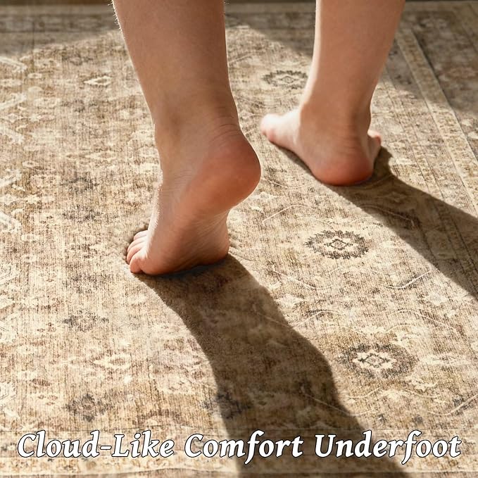 Washable 8x10 Area Rugs for Living Room, Boho Non-Slip Vintage Distress Large Rugs for Bedroom Dining Room Nursery Office, 0.3" Neutral Oriental Throw Thin Carpet, Brown/White/Multi