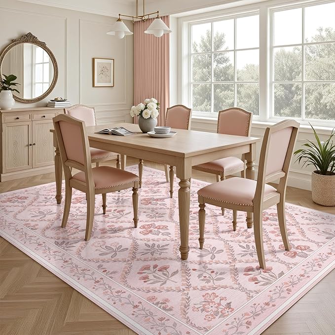 Pink Area Rug for Living Room 8x10, Soft Large Washable Bedroom Rug, Boho Cute Floral Indoor Decor Non Slip Low Pile Carpet for Girls Room Kids Playroom Nursery, Pink Multi