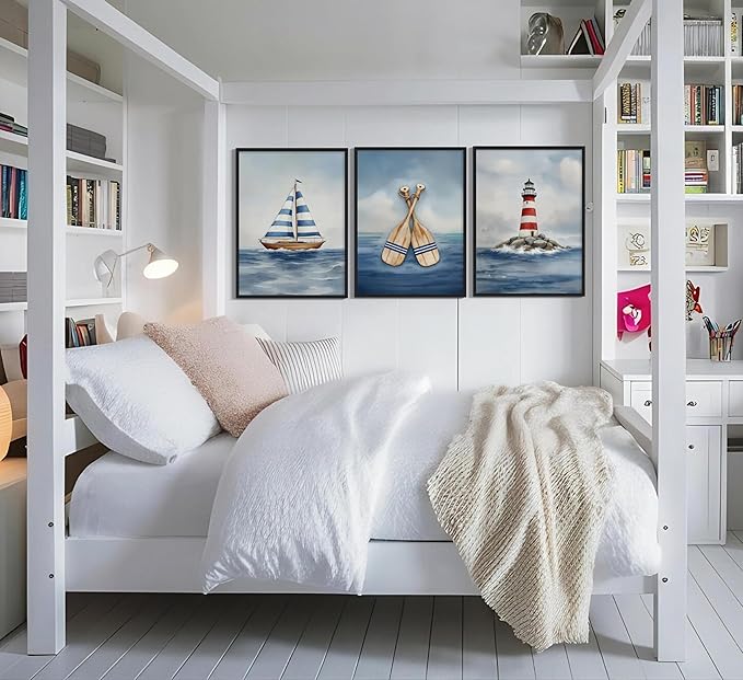 SEINEMBSC Blue Nautical Nursery Wall Art Vintage Sailboat Lighthouse Pictures Wall Decor Boy Coastal Posters Navy Sea Ocean Canvas Print Artwork for Kids Boys Room Playroom Bedroom Decor, Unframed