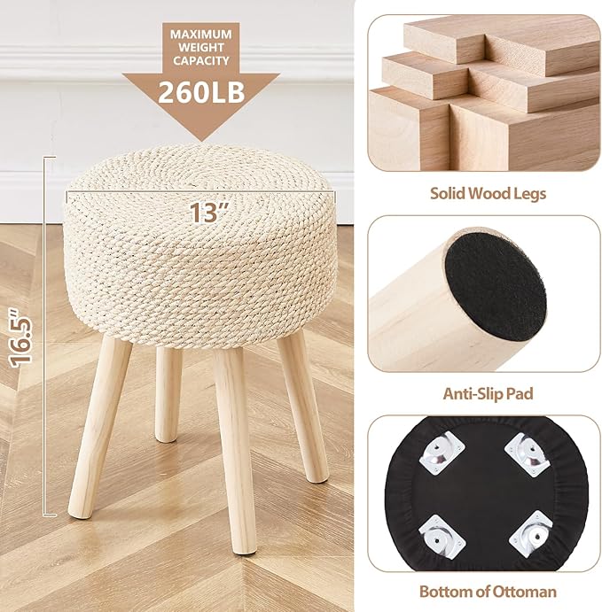 Cpintltr Footstool Ottoman Round Natural Seagrass Foot Stool Pouf Ottomans with Solid Wood Legs Hand Weave Footrest Step Stool for Living Room Bedroom Balcony Garden Natural