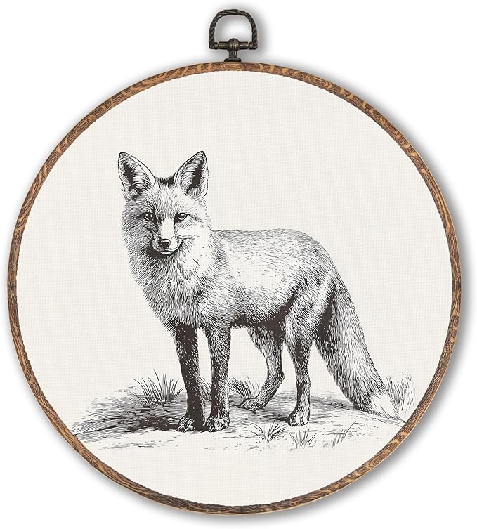 Vintage Fox Round Wall Art Framed, Cottagecore Round Wall Decor, Retro Animal Farmhouse Hanging Canvas Prints Wall Sculptures for Home Nursery Bedroom Decor, 10x10 Inch